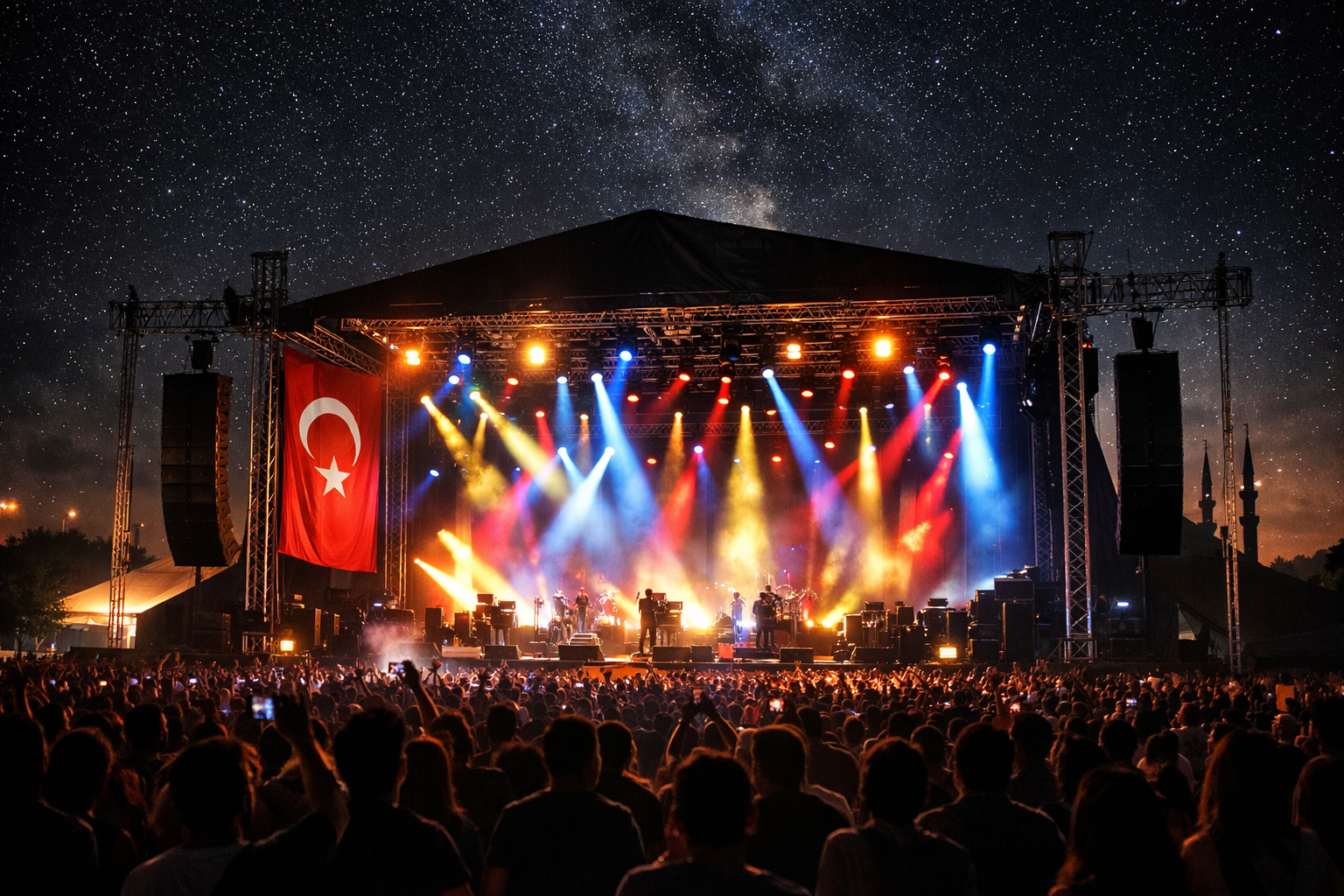 Gece vakti aydınlatılmış açık hava konser sahnesinde müzik performansı