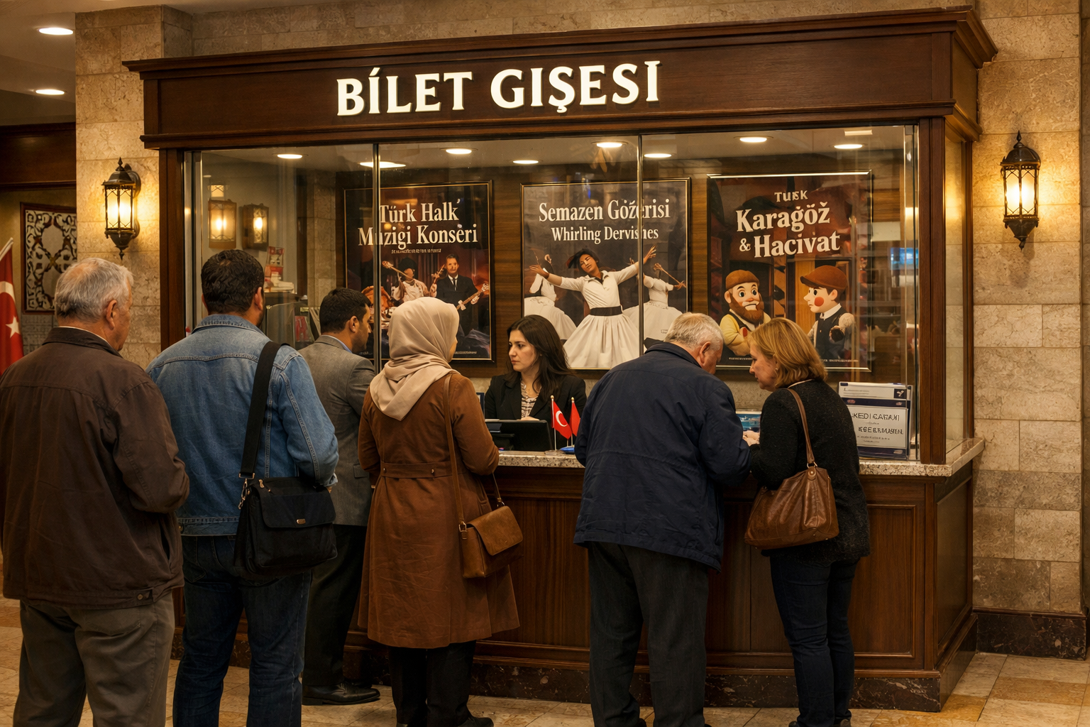 Bir kültür merkezinin bilet gişesi önünde sıra bekleyen insanlar