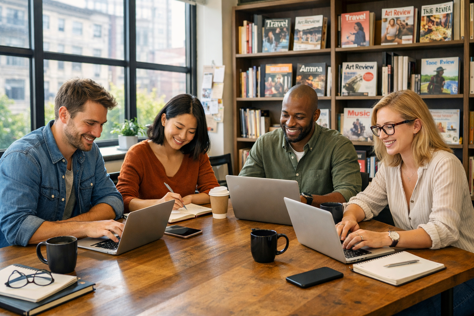 Aydınlık bir ofis ortamında kültürel içerik üzerinde çalışan editöryal ekip