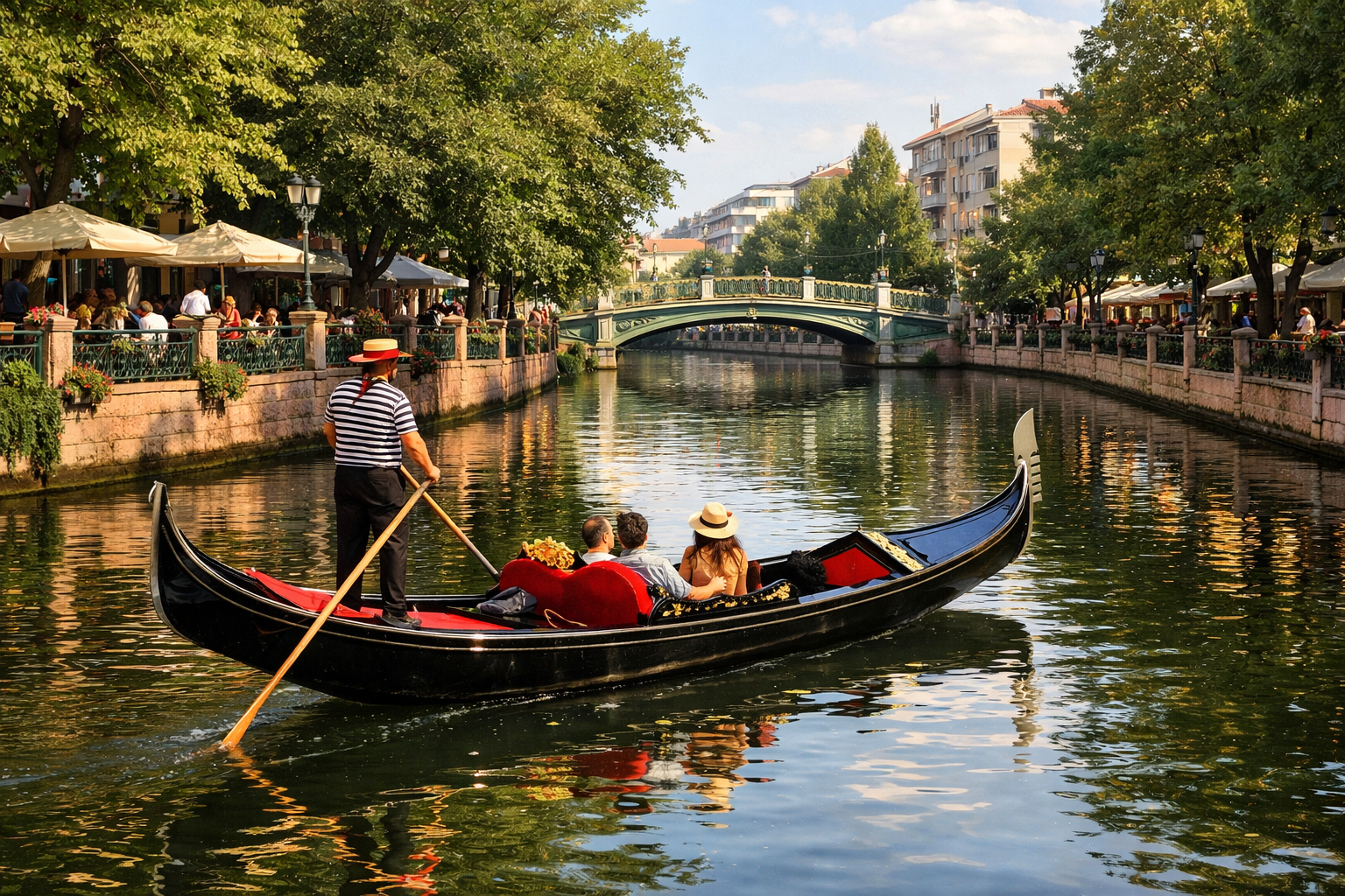 Eskişehir Porsuk Çayı üzerinde gondol turu ve kıyıdaki renkli binalar