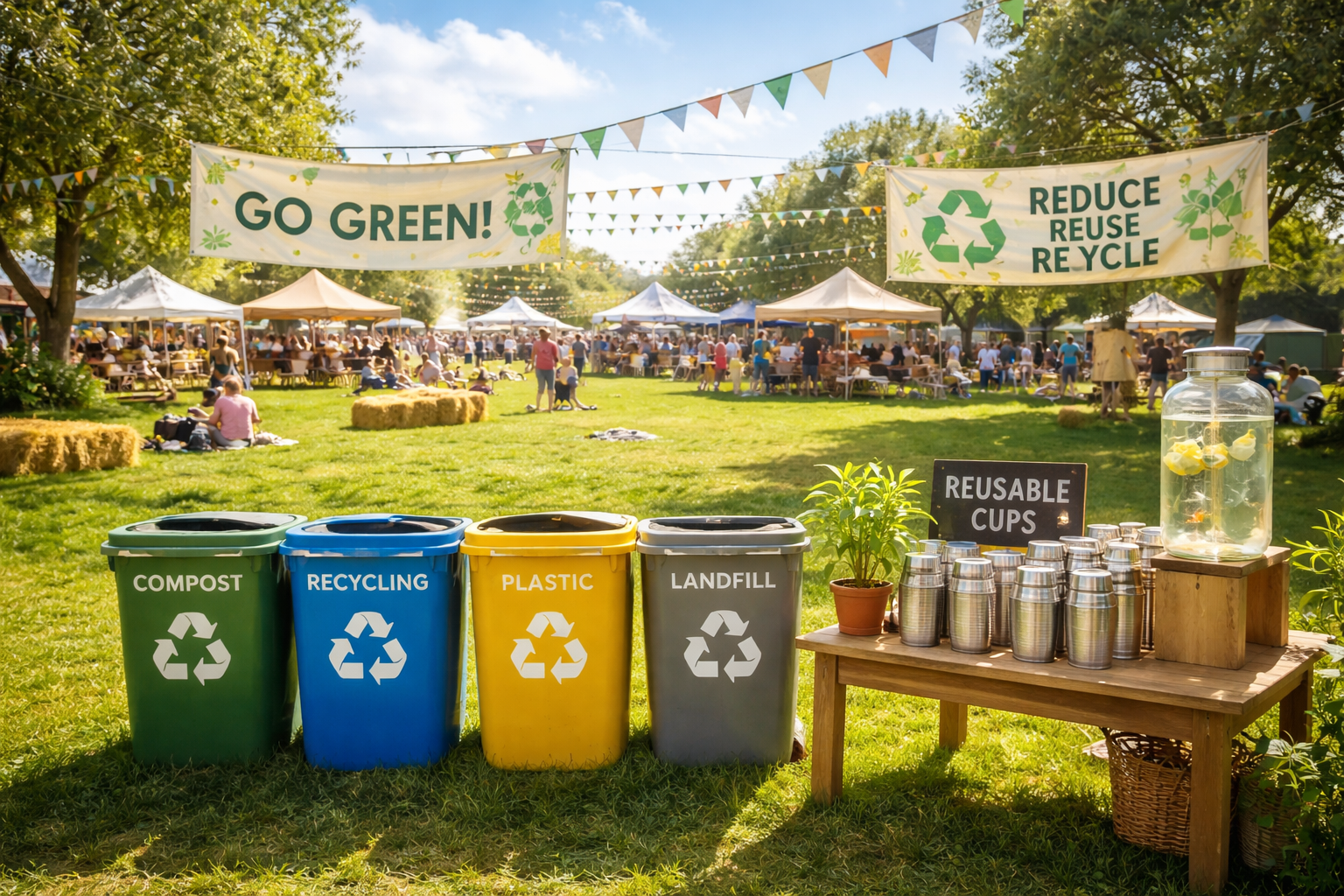 Temiz tutulan bir festival alanında geri dönüşüm kutuları ve bilinçli katılımcılar