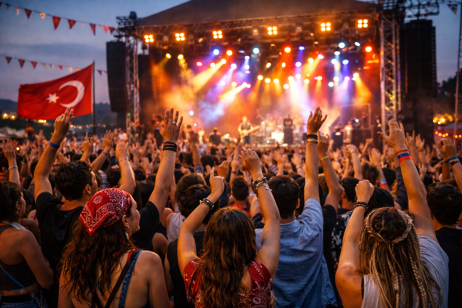 Açık hava festivalinde sahneyi izleyen coşkulu kalabalık