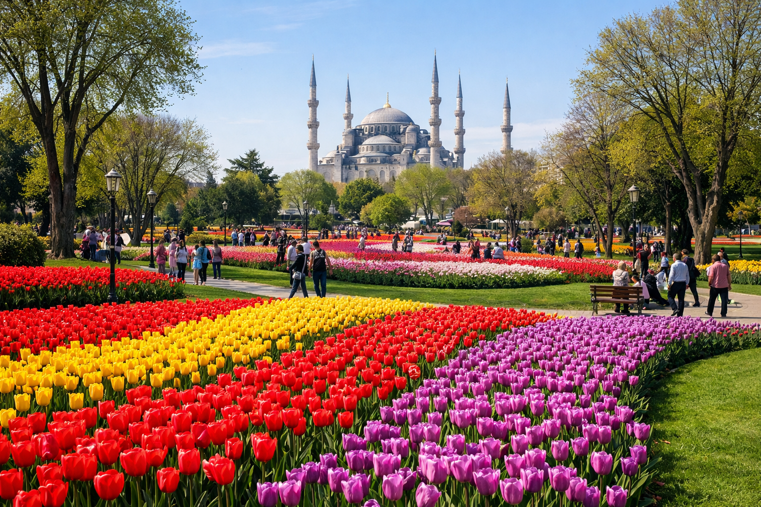 İlkbahar mevsiminde rengarenk lalelerle dolu park ve ziyaretçiler