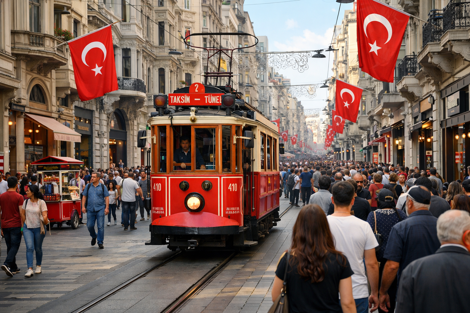 İstanbul Beyoğlu'nda İstiklal Caddesi ve tarihi tramvay