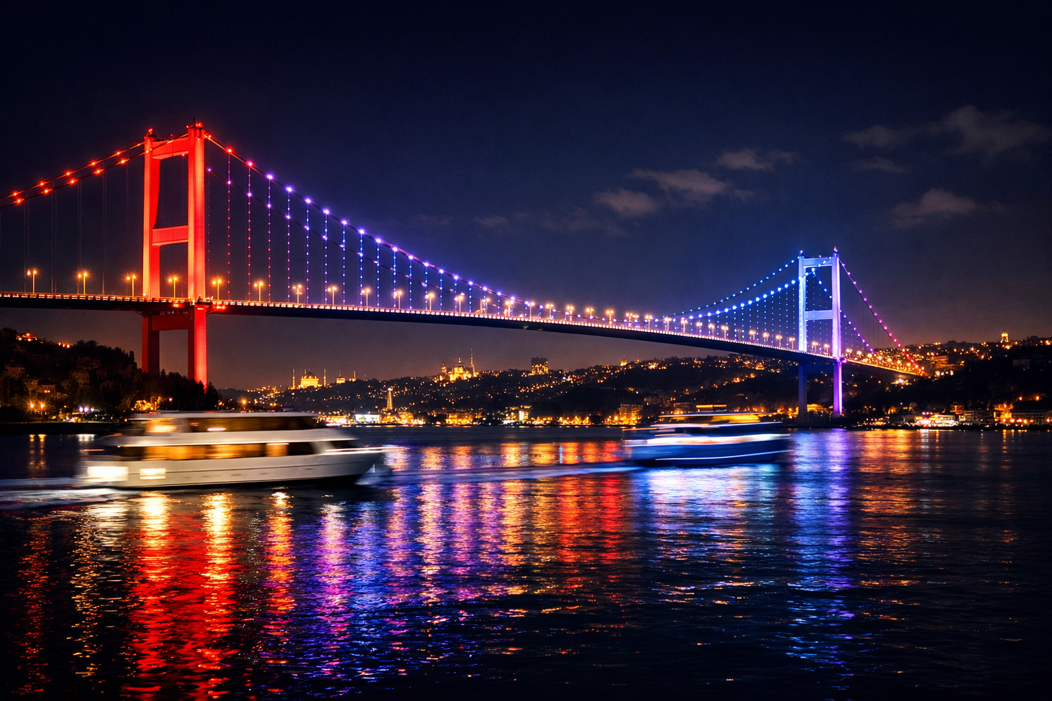 İstanbul Boğaziçi'nde gece ışıklarıyla aydınlanan köprü ve kıyı manzarası