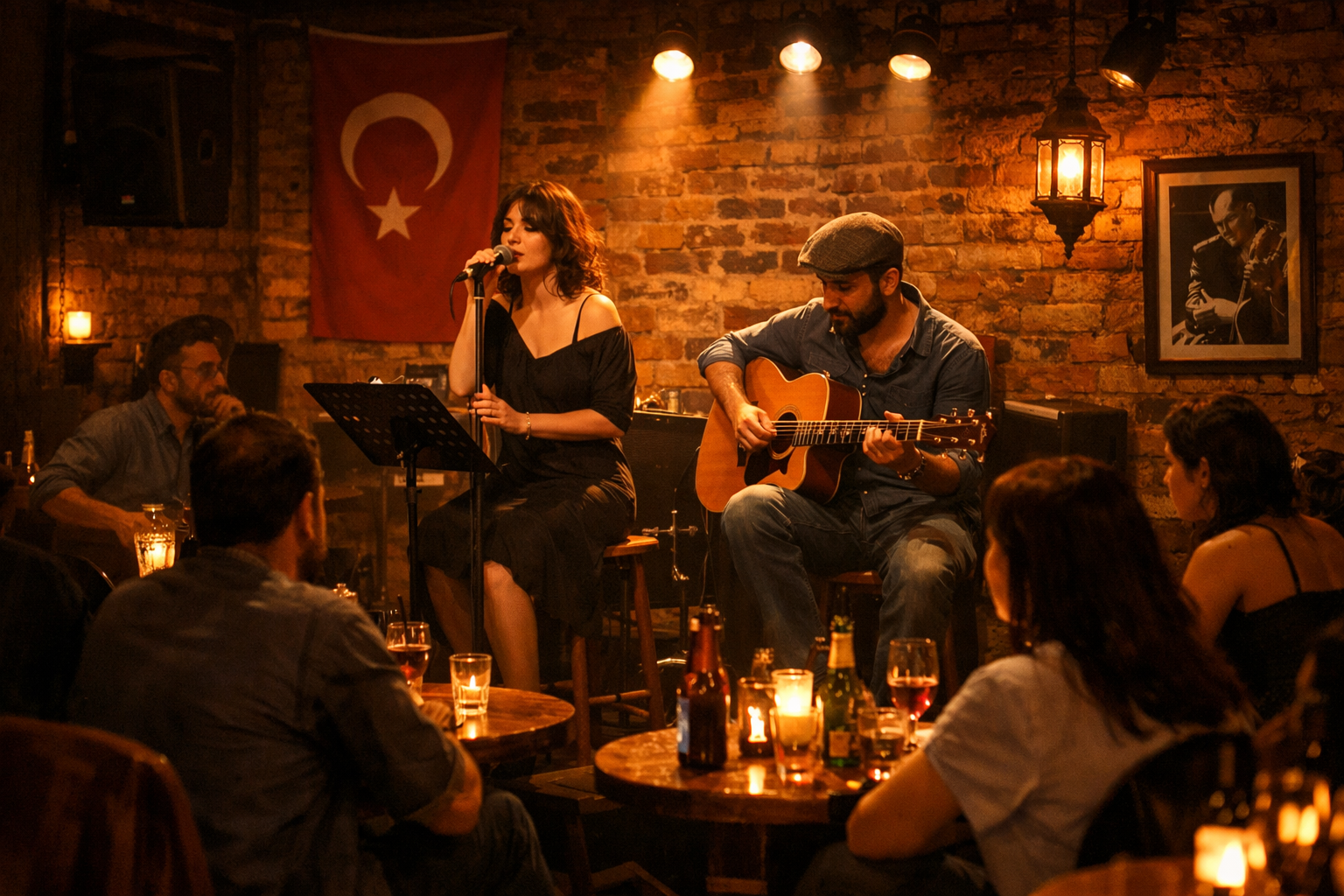 İzmir Alsancak'ta gece vakti canlı müzik performansı ve kalabalık sokaklar