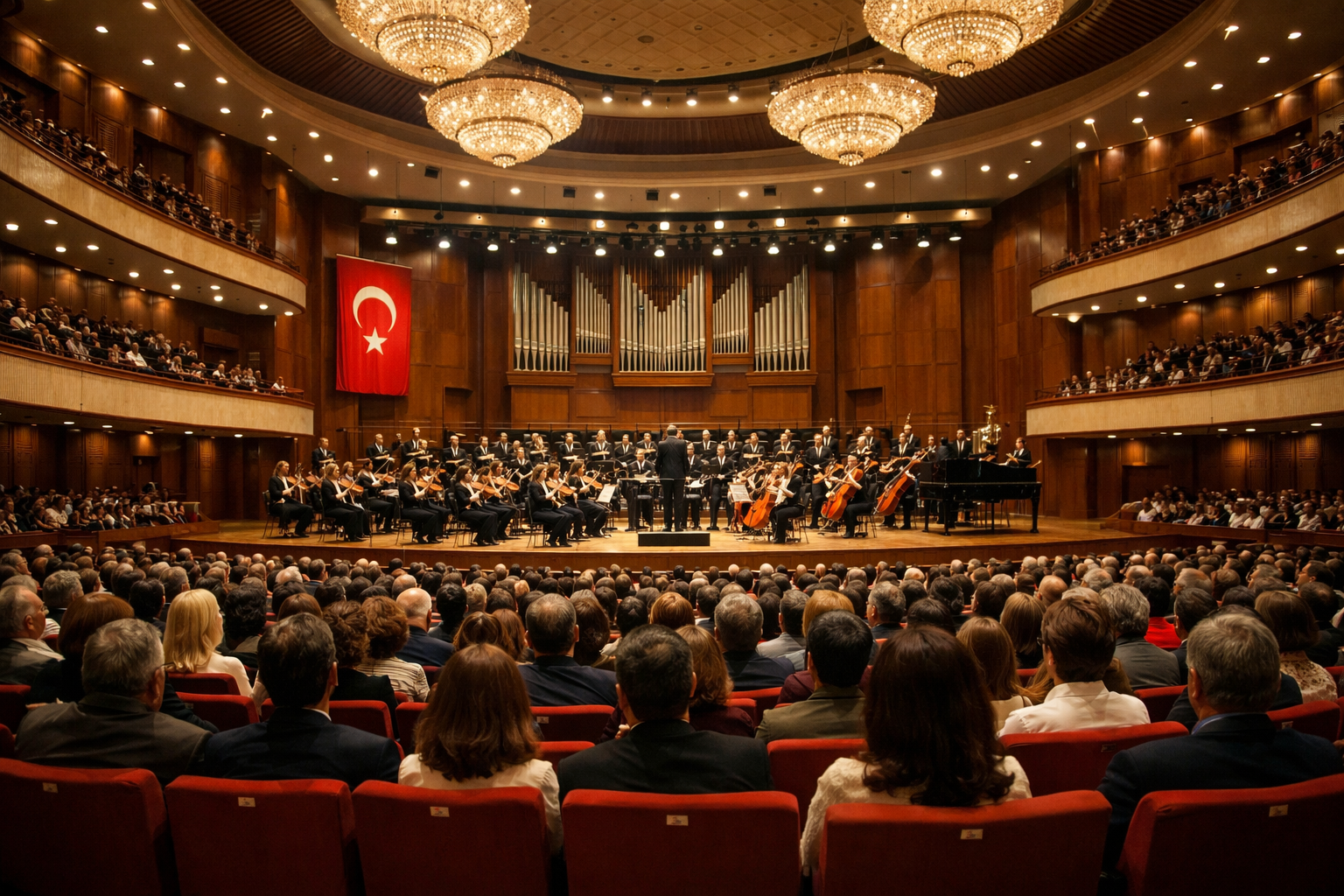 Modern bir konser salonunda sahne ışıkları altında performans ve izleyiciler