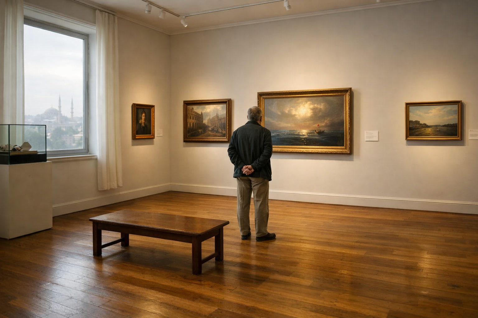 Sakin bir pazar günü küçük bir sanat galerisini gezen ziyaretçi