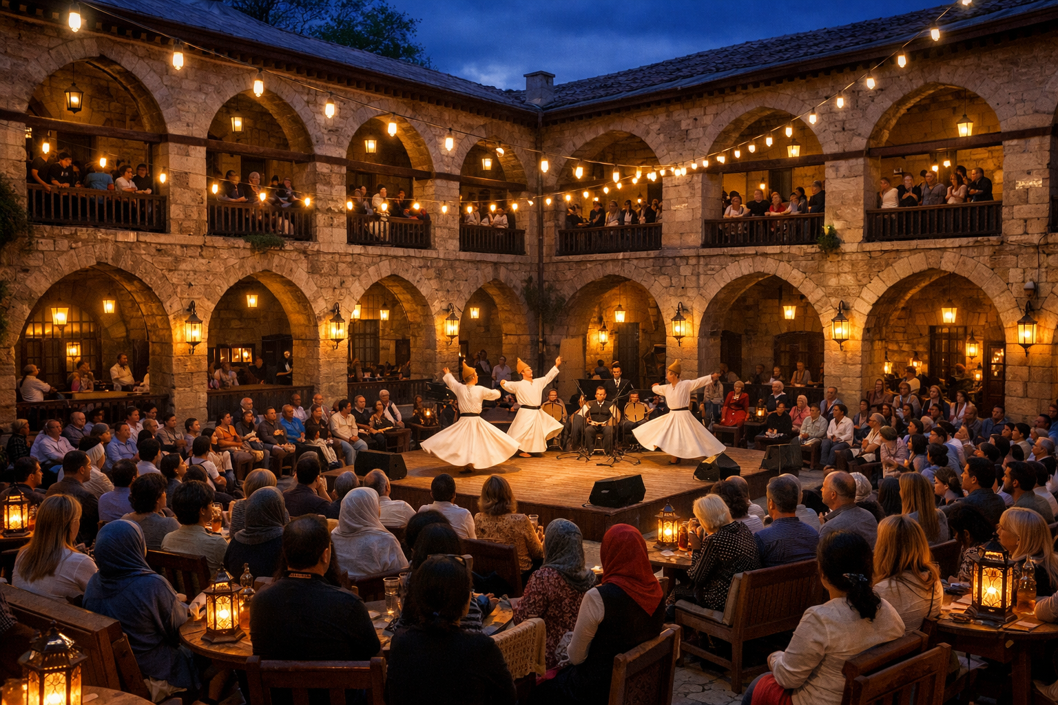 Tarihi bir han avlusunda düzenlenen kültürel etkinlik ve ziyaretçiler