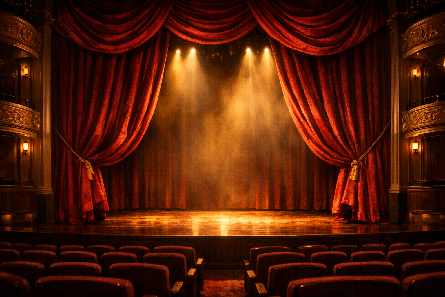 Sahne ışıklarıyla aydınlatılmış tiyatro sahnesi ve kadife perde