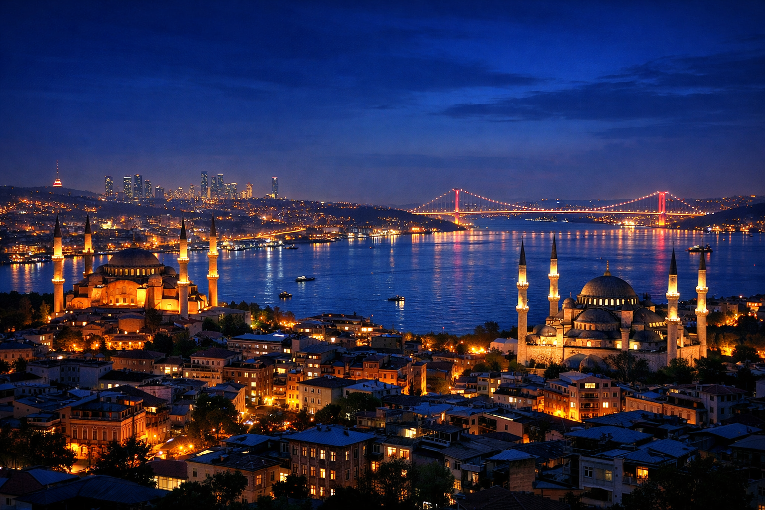 Gece aydınlatmasıyla parlayan Türk şehrinin panoramik manzarası