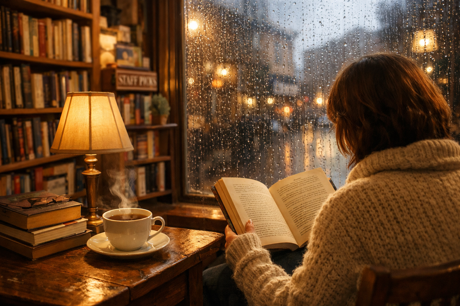 Yağmurlu bir günde bağımsız bir kitapçıda kitap karıştıran ziyaretçiler